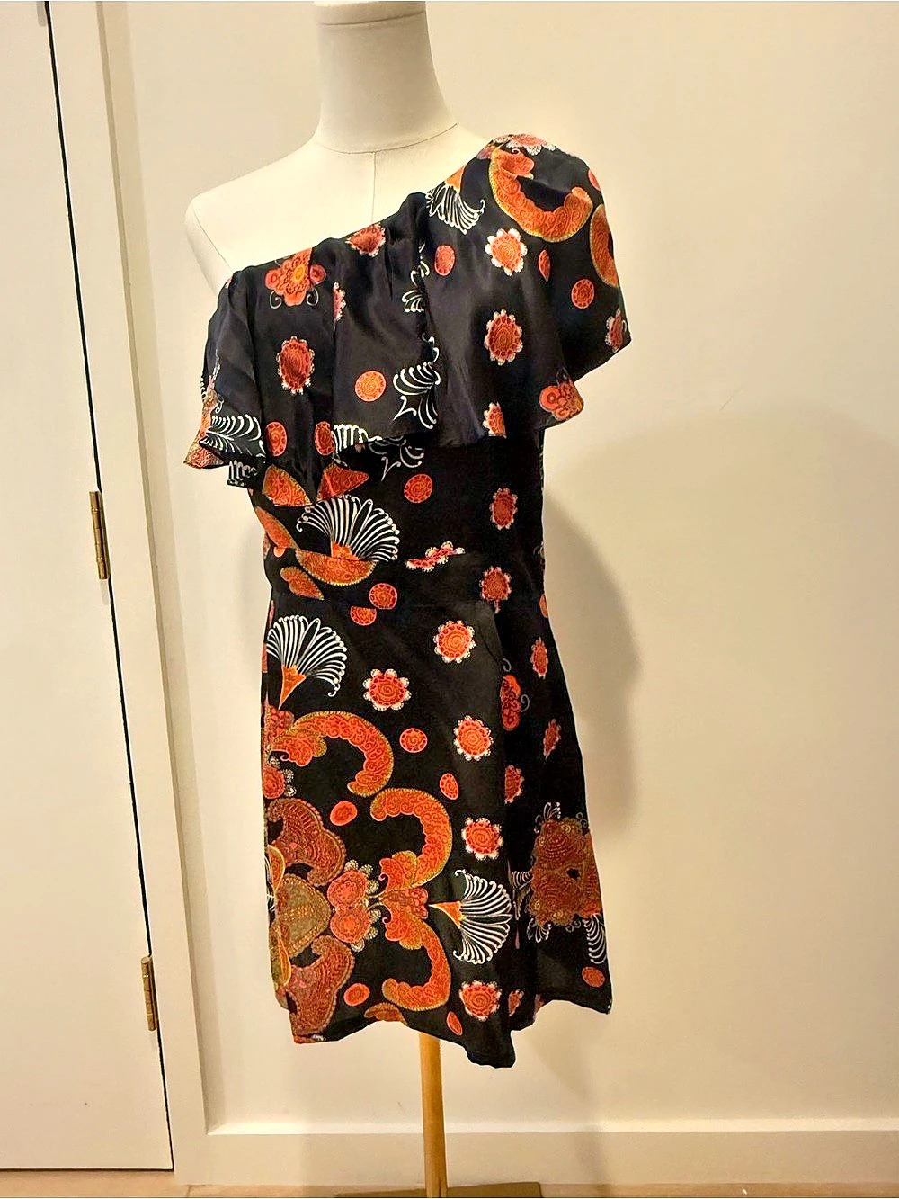 French Connection 100% Silk One Shoulder Ruffle Mini Dress Black Orange Size 8
